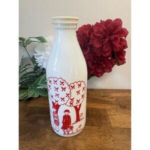 Vintage Portugal‎ Milk Glass Bottle Red Folk Art Design Children Original Lid